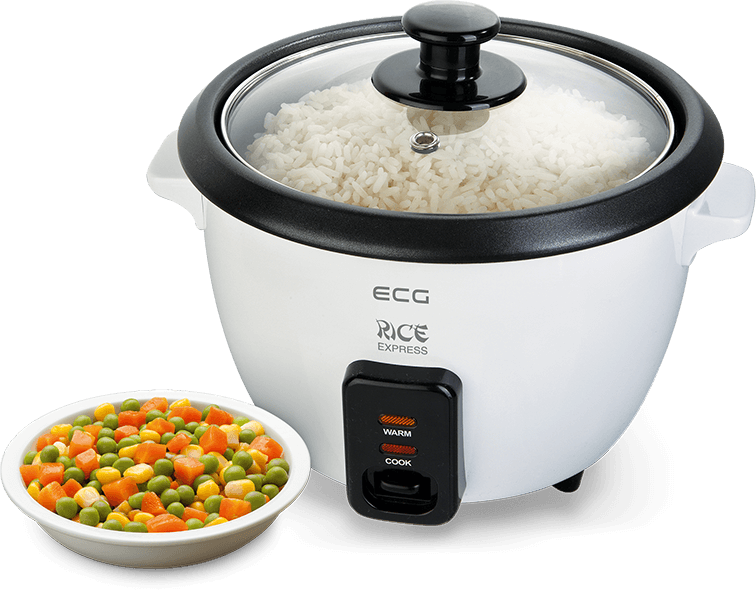 Biały garnek do gotowania ryżu i miska z mieszanką warzyw. Garnek ma przezroczystą pokrywkę.