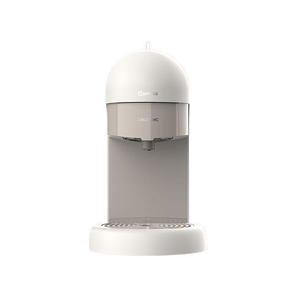 Weiß-graue Kaffeemaschine. Verfügt über einen kuppelförmigen Deckel. Der Markenname ist sichtbar. Auf weißem Hintergrund.
