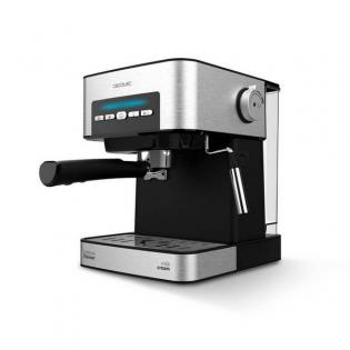 Macchina espresso argento e nera con pulsanti, portafiltro e serbatoio acqua.