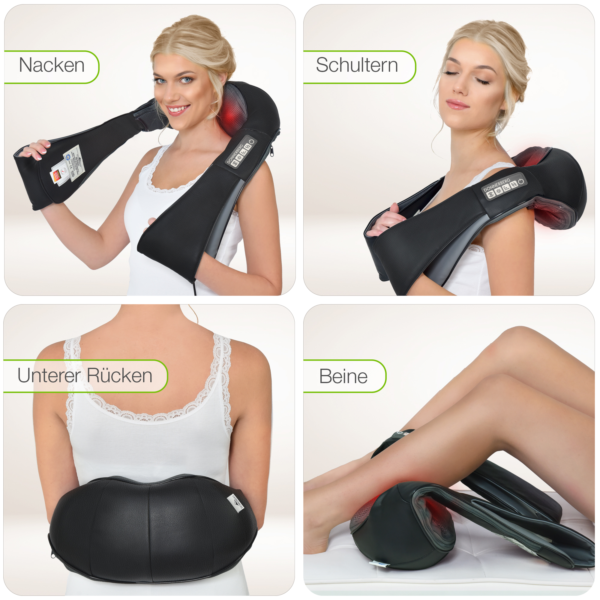 Vier Bilder eines Massagegeräts, das an Hals, Schultern, Rücken und Beinen verwendet wird, mit Textbeschriftungen.