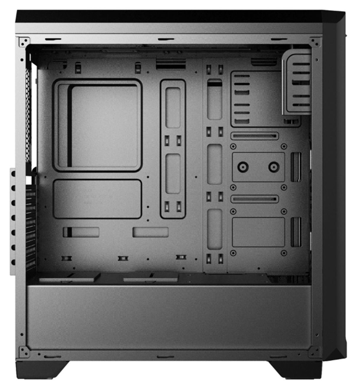 Das Innere eines grauen Computergehäuses. Es hat Platz für Komponenten wie ein Motherboard.