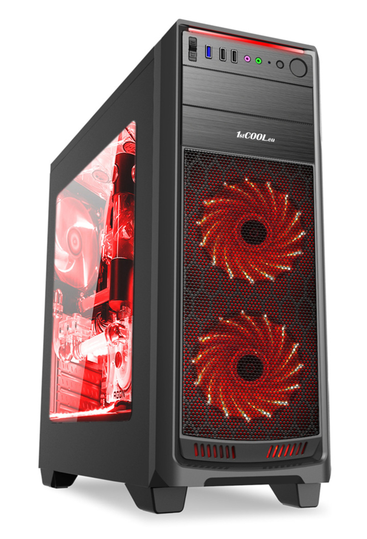 Schwarzer PC-Gehäuse mit roten Lüftern. Es hat eine Glas-Seitenwand.