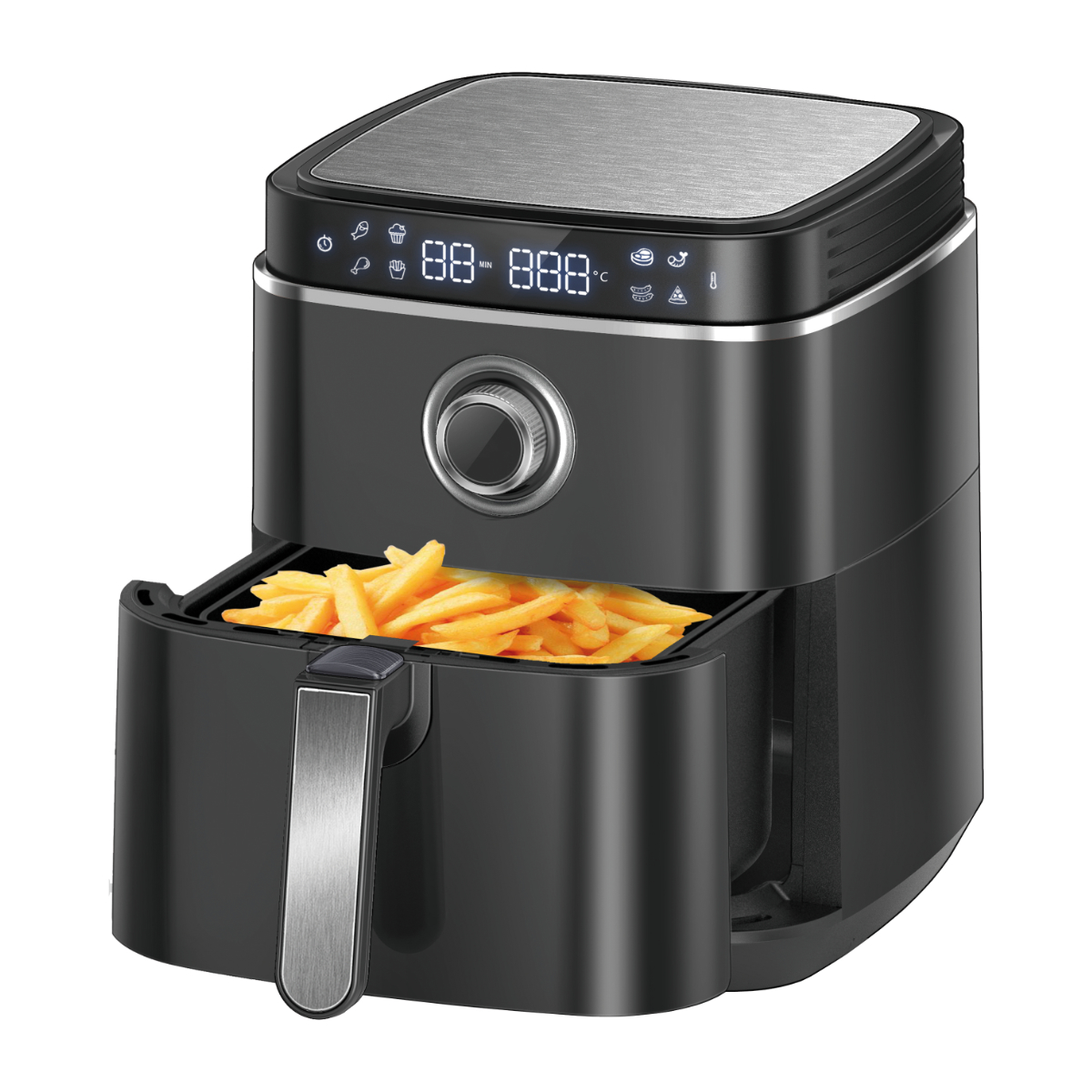 Schwarze Heißluftfritteuse mit Pommes Frites im Korb. Display und Griff sichtbar. Oberseite aus Edelstahl.