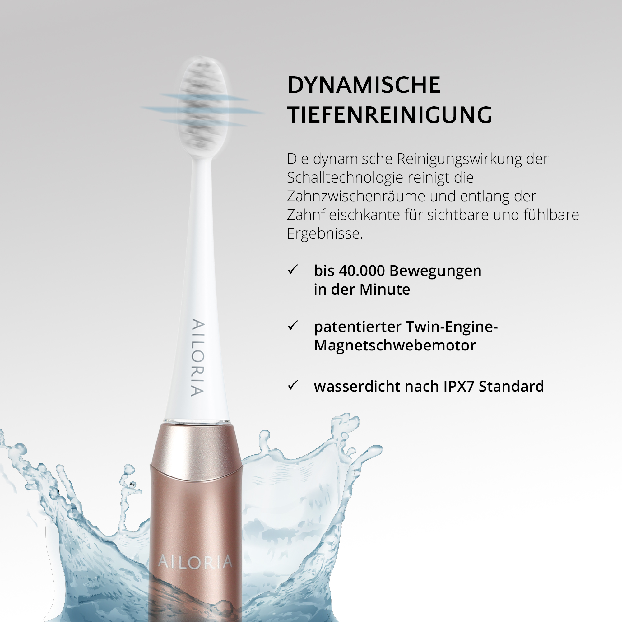Eine elektrische Zahnbürste mit roségoldfarbenem Griff und weißen Borsten, mit Text.