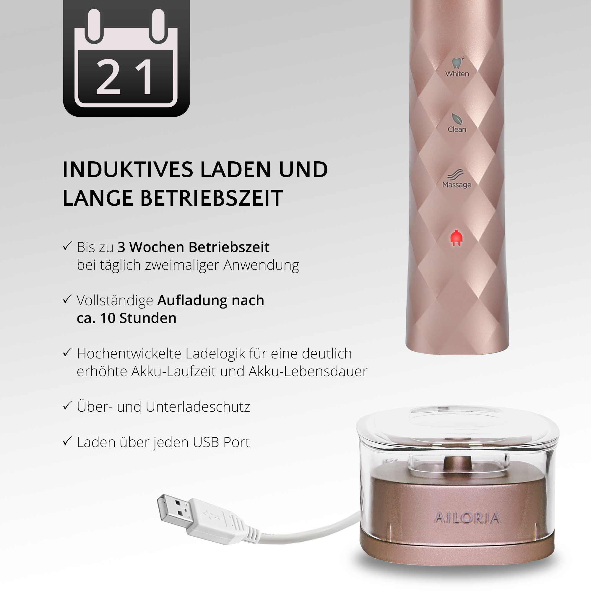 Roségoldene elektrische Zahnbürste und Ladestation. Text zeigt Ladezeit und Akkulaufzeit an.