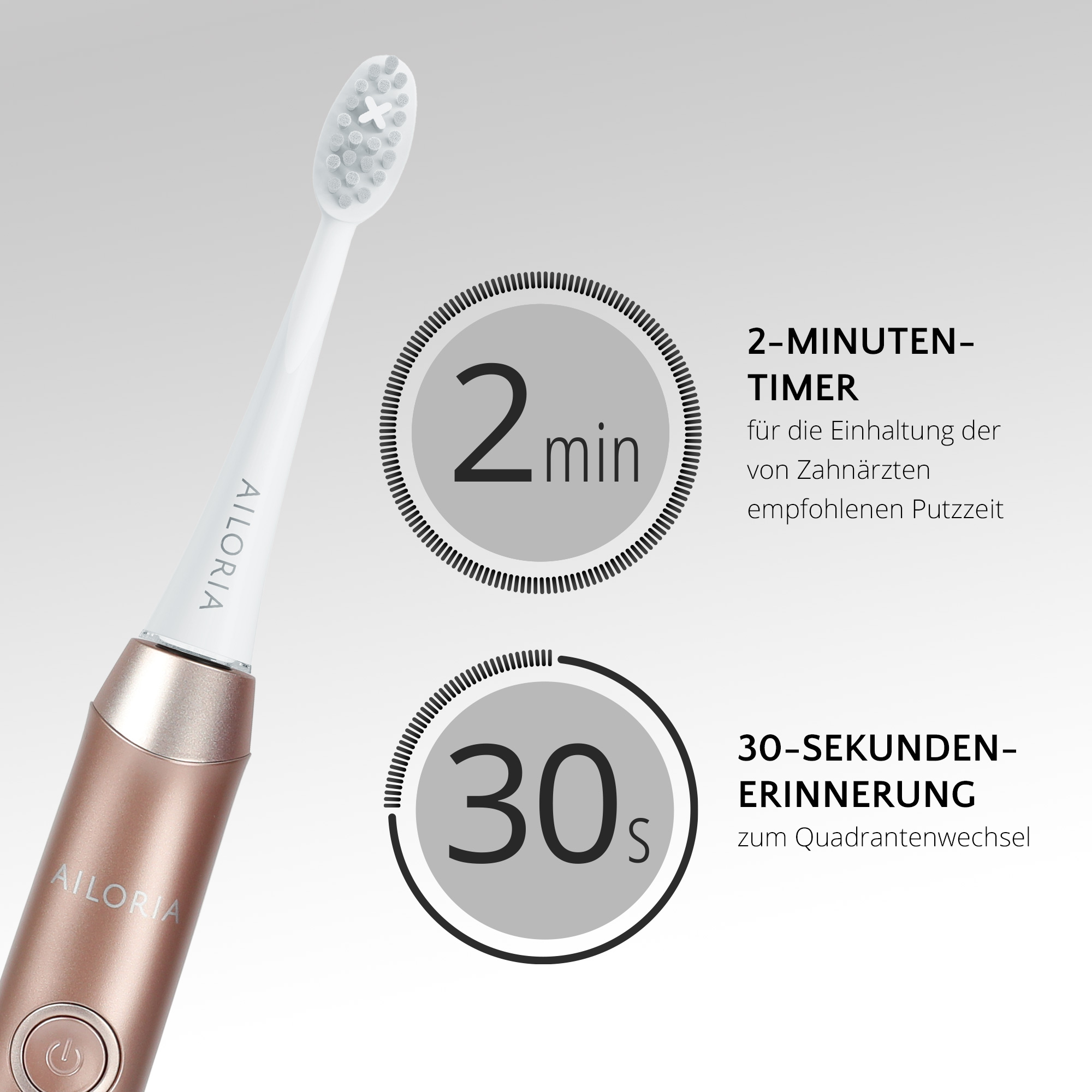 Elektrische Zahnbürste in Weiß und Roségold. Enthält einen 2-Minuten-Timer und eine 30-Sekunden-Erinnerungsfunktion.