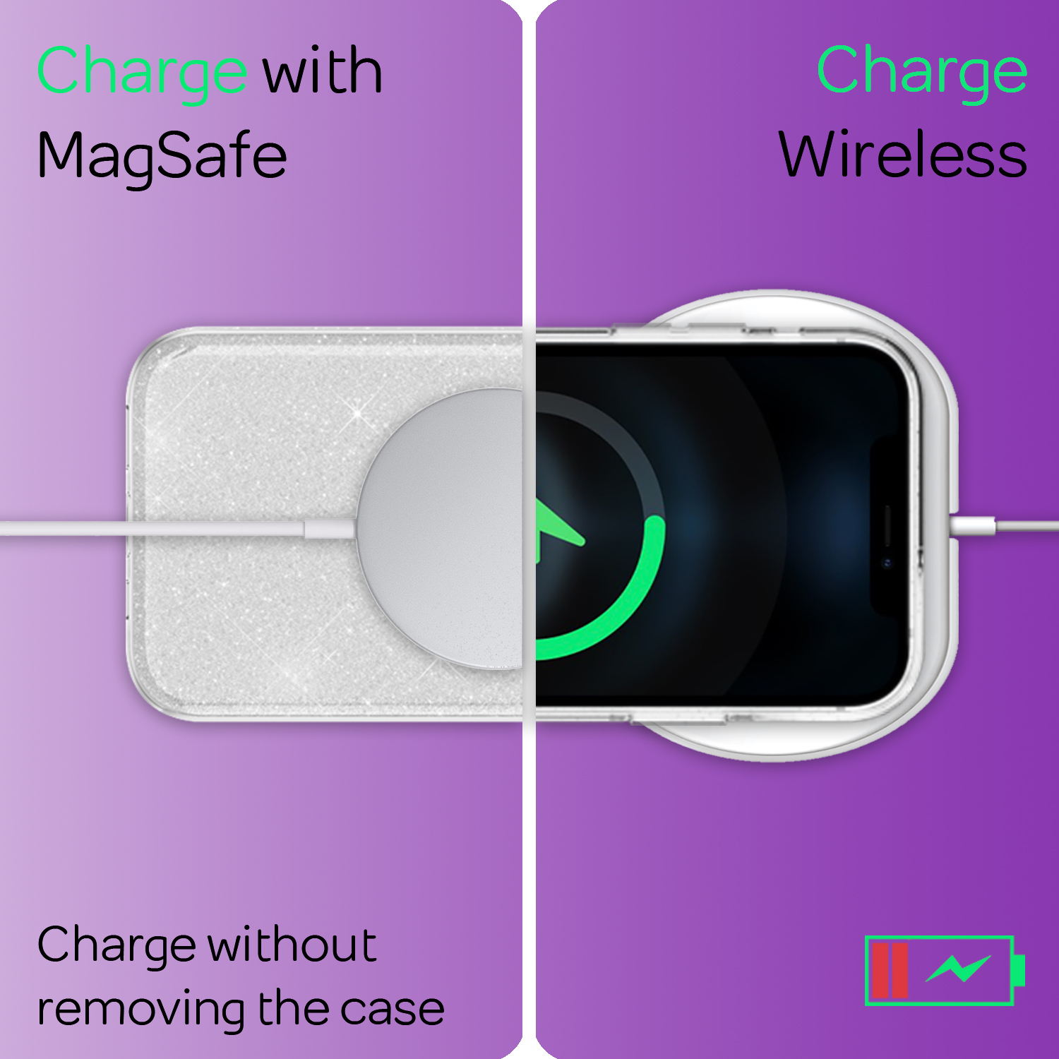 Teléfono cargando inalámbricamente o con MagSafe. La funda puede permanecer puesta. Se muestra el icono de la batería.
