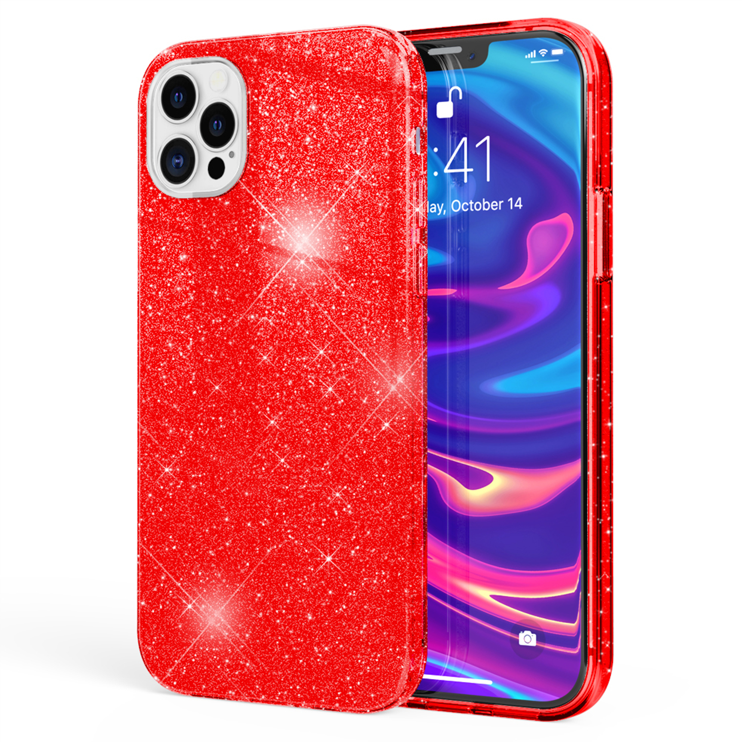 Rote Glitzer-Handyhülle mit einem Telefon darin. Der Telefonbildschirm zeigt einen Kalender mit dem 14. Oktober.