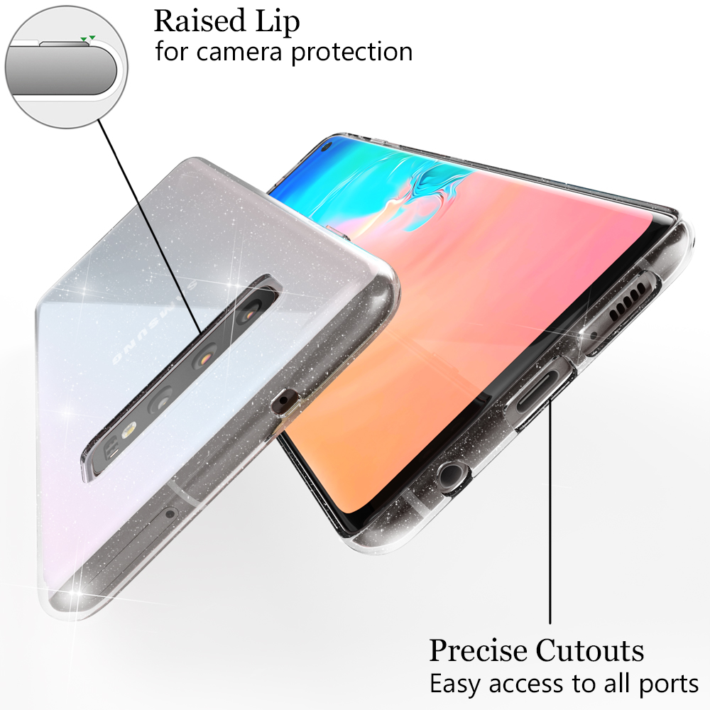Un téléphone dans un étui transparent, montrant la caméra et les ports. Le texte indique les fonctions.