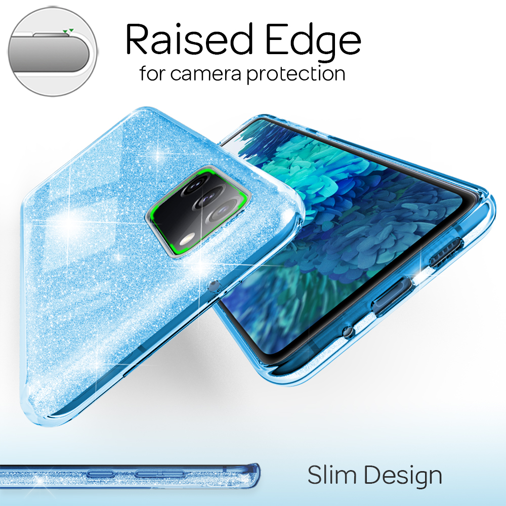 Eine blaue Glitzer-Handyhülle mit einem Telefon darin. Die Hülle liegt auf weißem Untergrund.