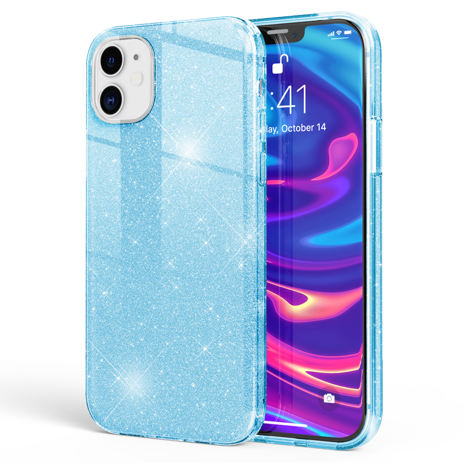 Funda de teléfono azul brillante y un teléfono que muestra una pantalla azul y morada.