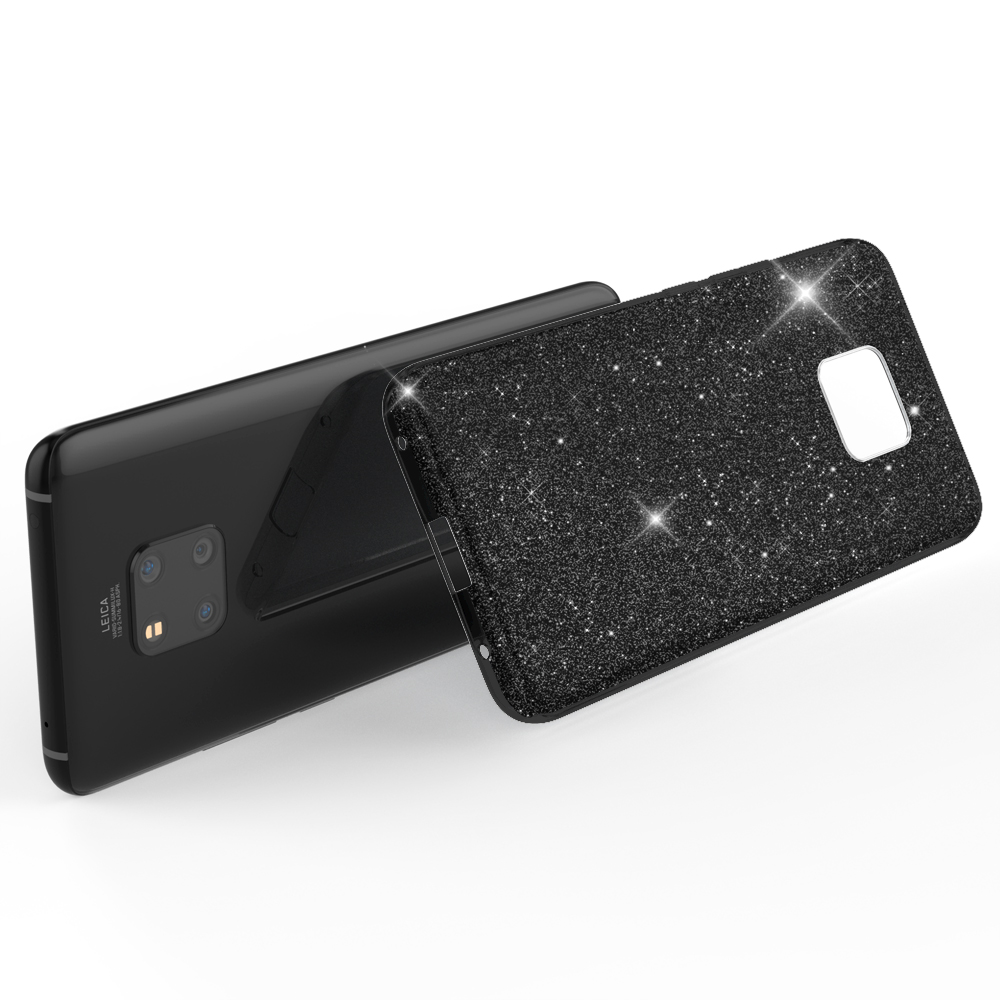 Schwarzes Telefon mit Glitzerhülle: zwei Telefone, eins mit Hülle, eins zeigt Rückseite, auf Weiß.