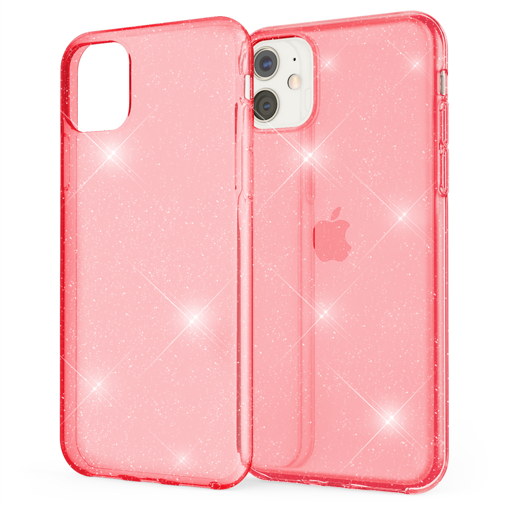 Dos fundas de teléfono rosas lado a lado. Ambas son transparentes con purpurina y un recorte.