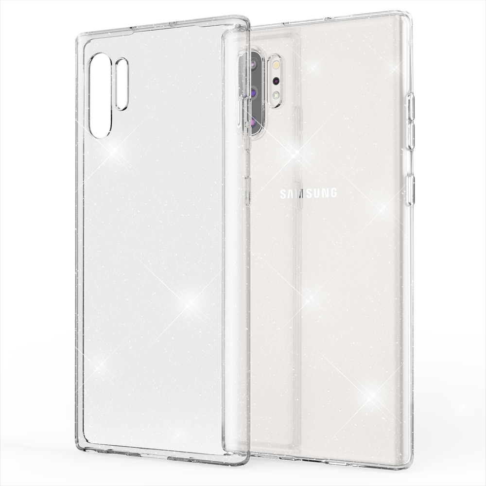 Zwei transparente Handyhüllen mit Glitzer auf weißem Hintergrund.