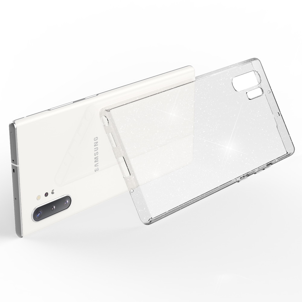 Weißes Telefon mit klarer, glitzernder Handyhülle. Telefon und Hülle sind abgewinkelt.