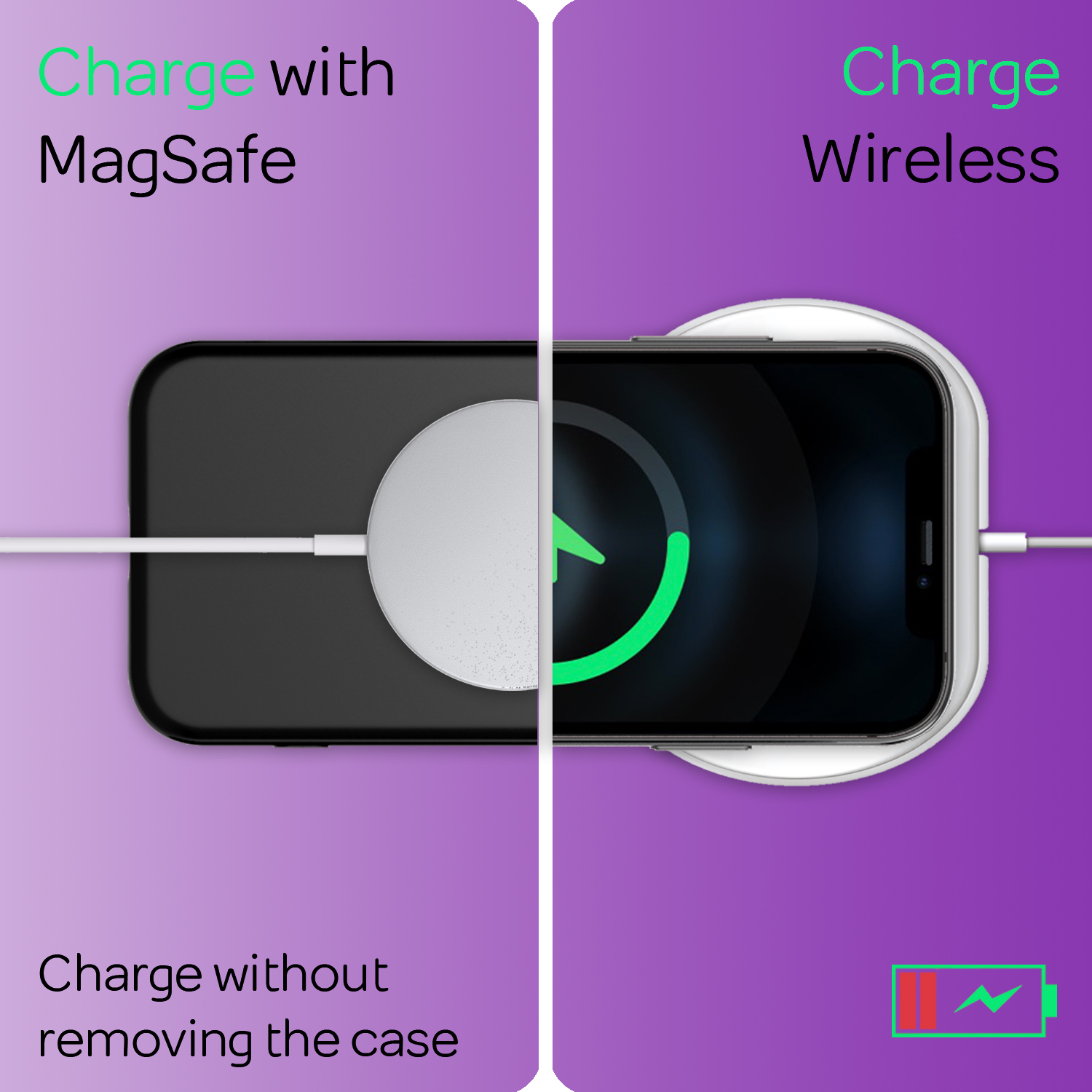 Telefon lädt, MagSafe links, kabellos rechts, Text über Laden ohne Hülle.