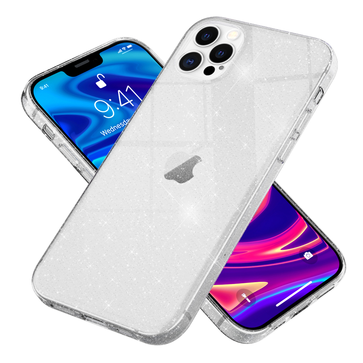 Funda transparente con brillos, logo Apple visible, dos teléfonos dentro con diferentes fondos.
