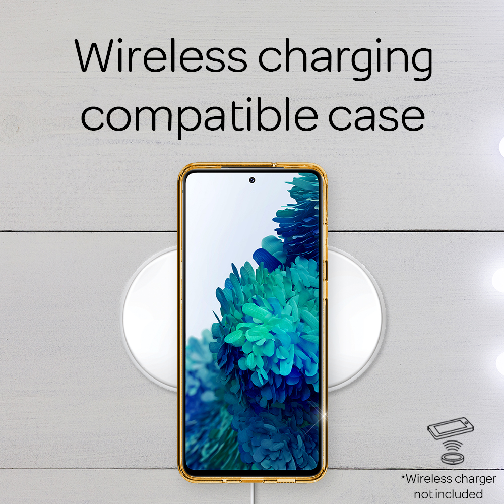 Ein Telefon in einer goldenen Hülle auf einem kabellosen Ladegerät. Text: "Wireless charging compatible case".