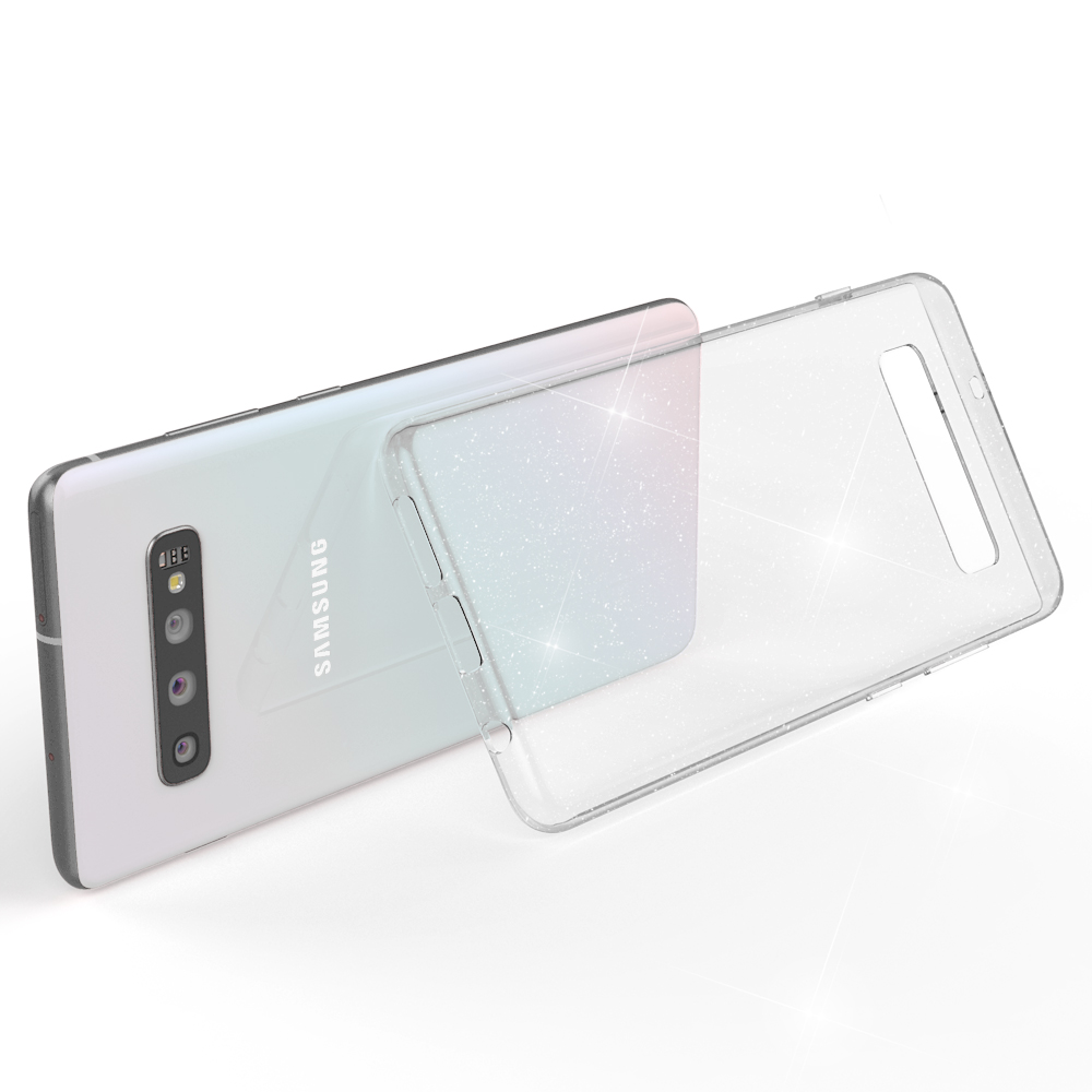Ein weißes Samsung-Telefon mit einer transparenten Glitzerhülle. Die Hülle ist abgenommen.