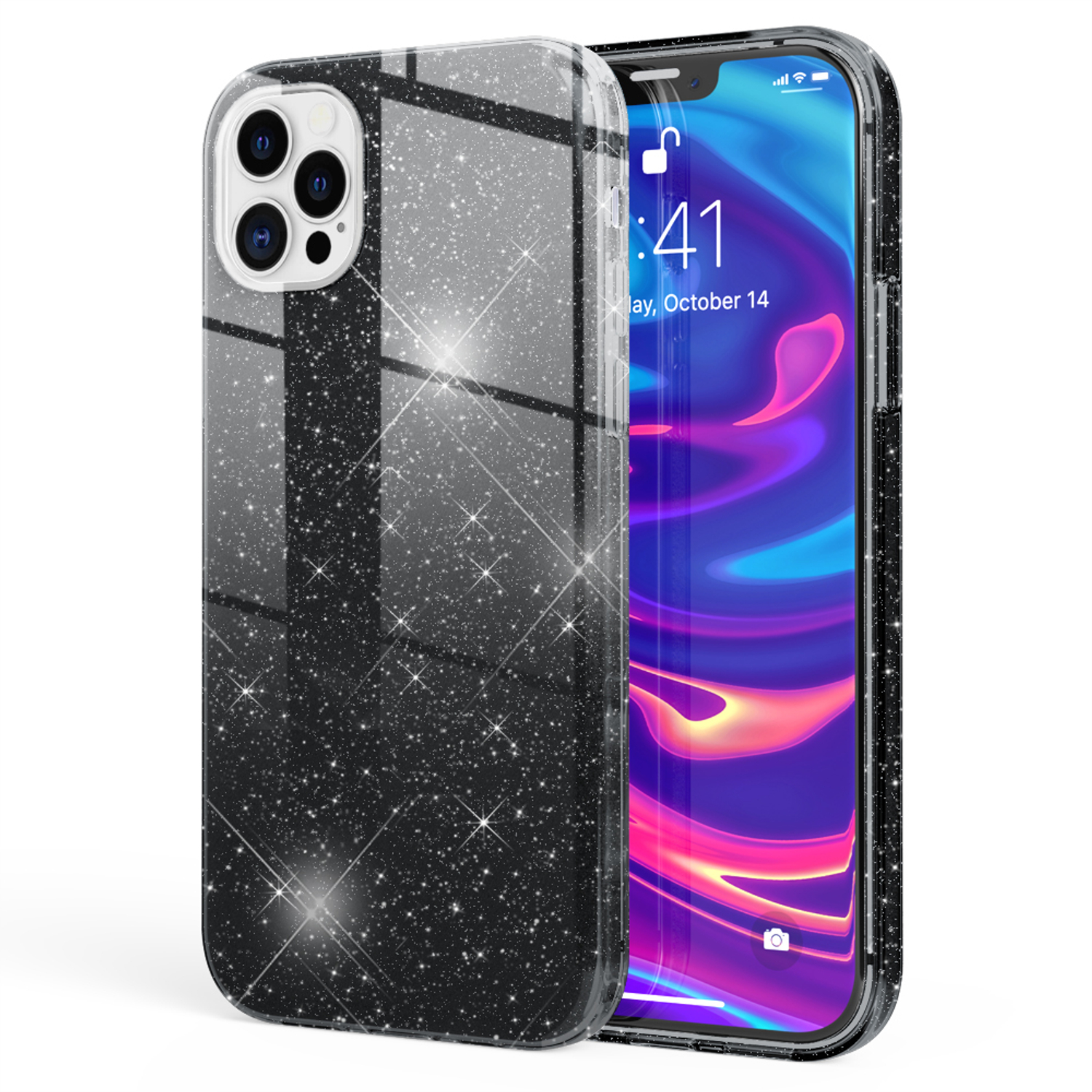 Ein Telefon mit glitzerndem Gehäuse und einem Bildschirm, der eine farbenfrohe Grafik anzeigt.
