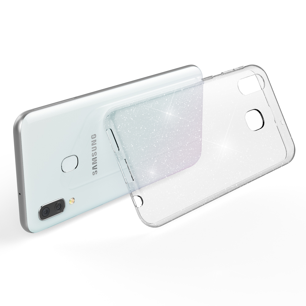 Eine transparente Handyhülle auf einem weißen Telefon. Die Hülle hat ein glitzerndes, weißes Design.