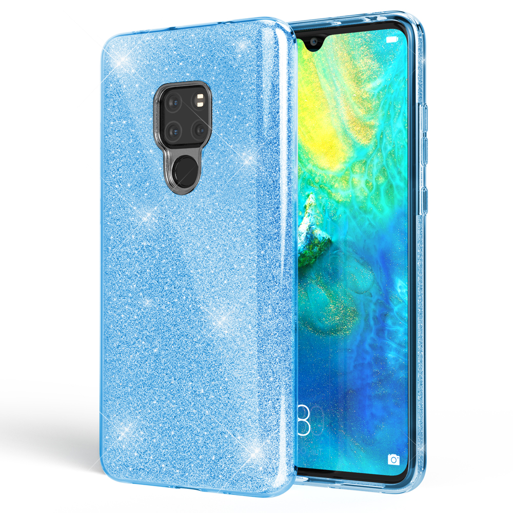 Coque de téléphone bleu pailleté et un téléphone affichant un écran bleu.