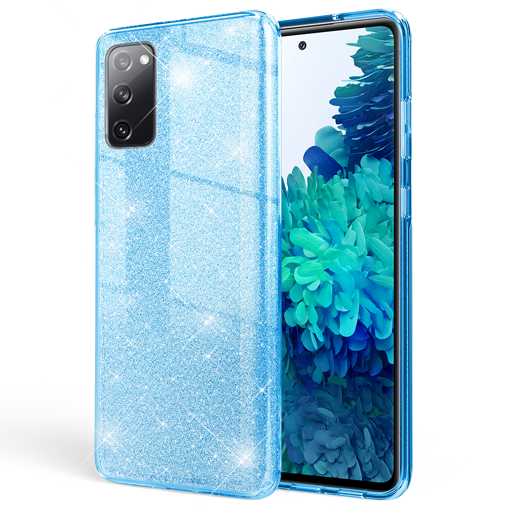Blaue Glitzer-Handyhülle neben einem Telefon. Das Telefon zeigt eine blaue Glitzer-Rückseite. Weißer Hintergrund.