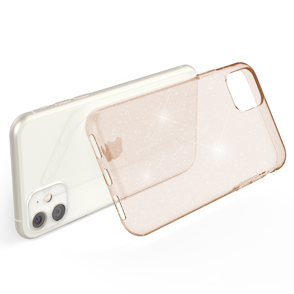 Un smartphone junto a una funda de teléfono oro rosa brillante. La funda cubre parcialmente el teléfono.