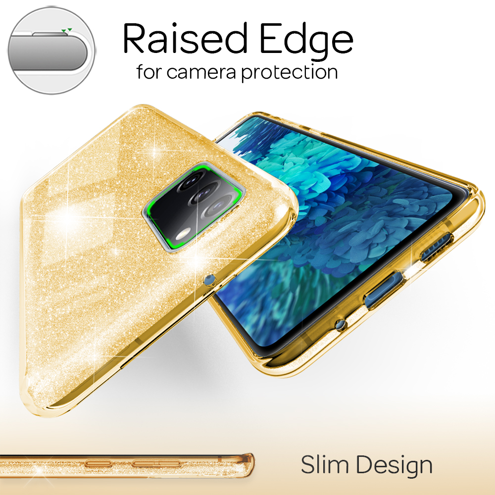 Eine goldene Handyhülle mit Glitzer und einem Telefon darin. Text: 'Raised Edge' und 'Slim Design'.