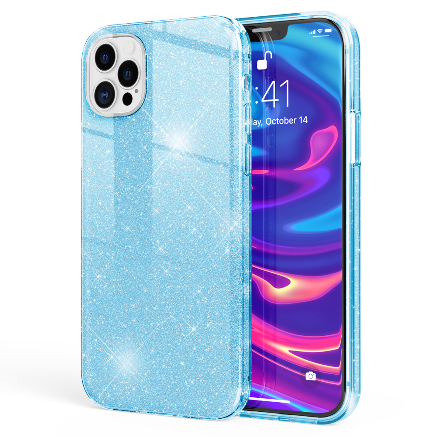 Blaue Glitzer-Handyhülle mit Telefon. Das Telefon zeigt ein abstraktes, farbenfrohes Bild.