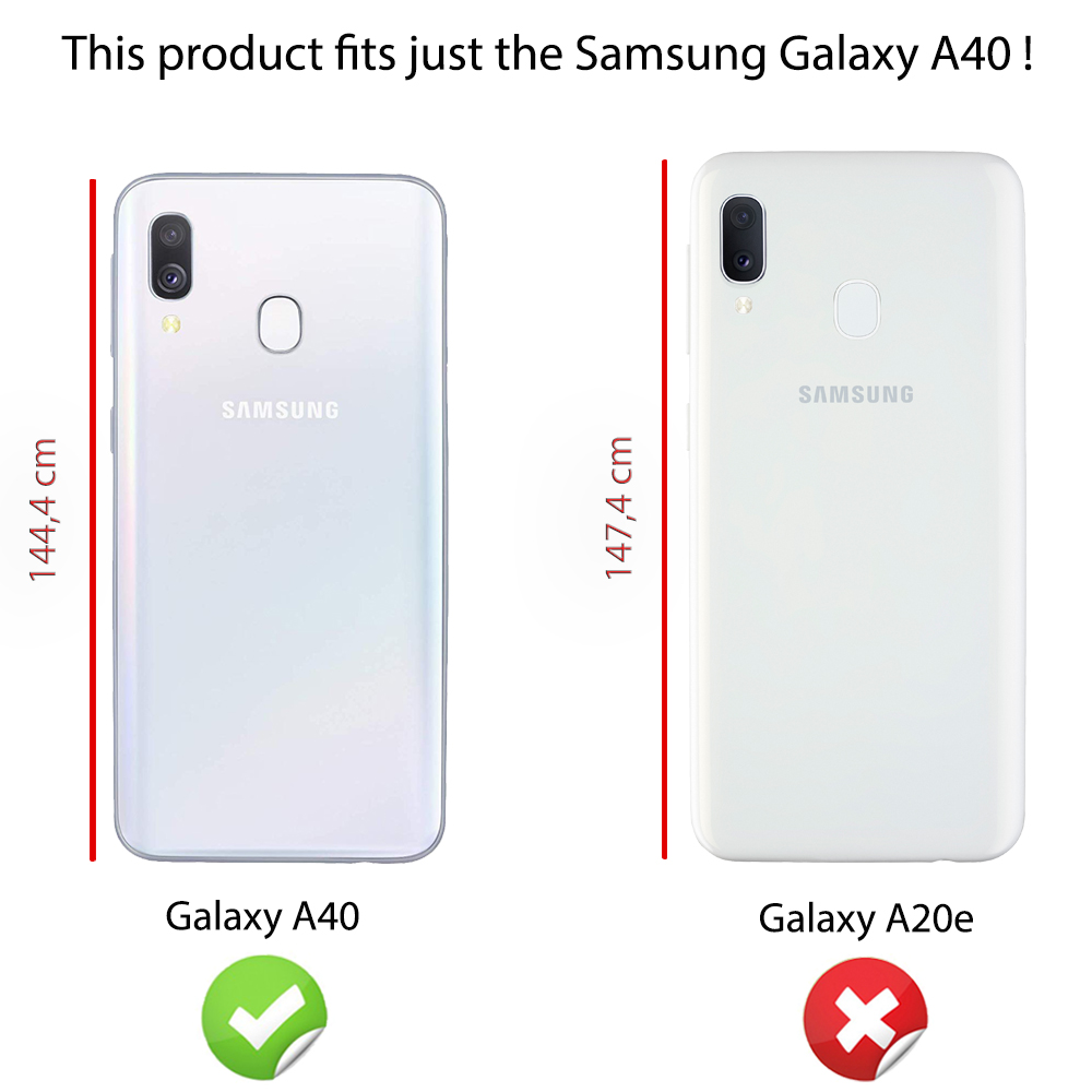 Zwei weiße Samsung-Telefone. Eines trägt die Bezeichnung Galaxy A40, mit grünem Haken. Das andere A20e, mit rotem X.