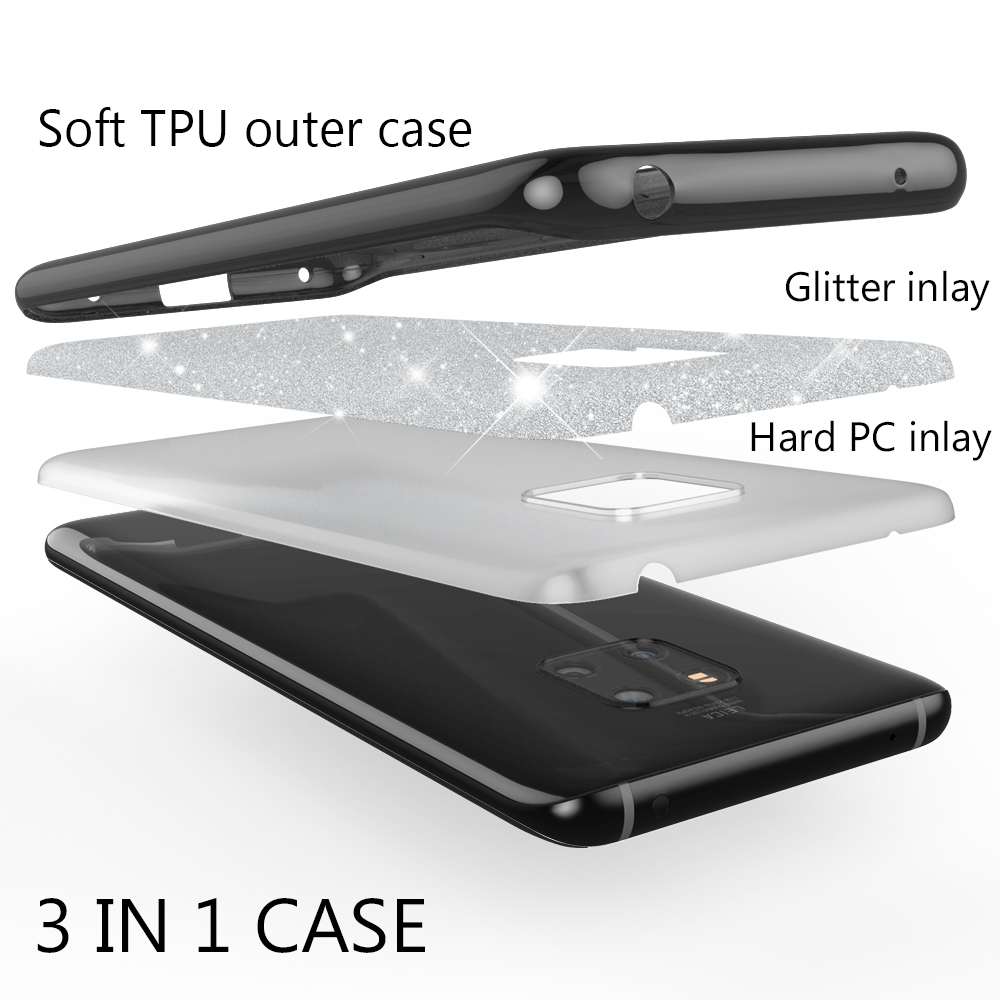 Handyhülle-Schichten: weich außen, Glitzer-Inlay und harte PC-Inlay. Telefon unten.