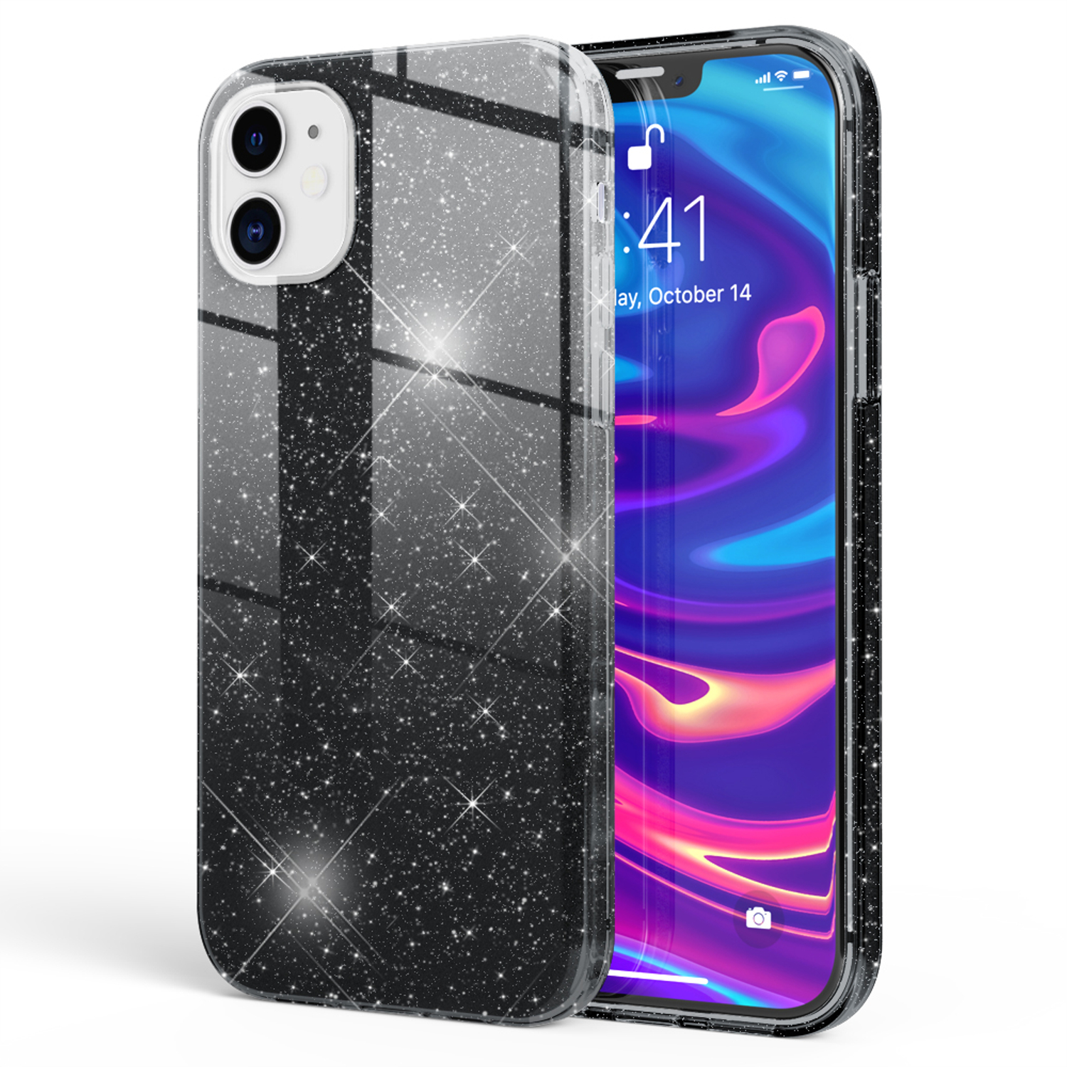 Funda negra y plateada con purpurina sobre un iPhone, con fondo blanco.