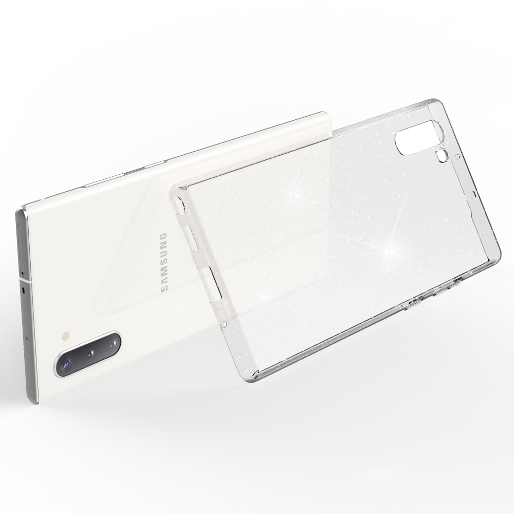 Weißes Telefon mit glitzernder, durchsichtiger Hülle. Hülle ist offen. Hintergrund ist weiß.