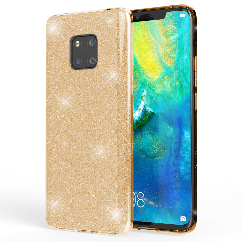 Goldene Glitzer-Handyhülle auf einem Telefon, die Kamera sichtbar, weißer Hintergrund.