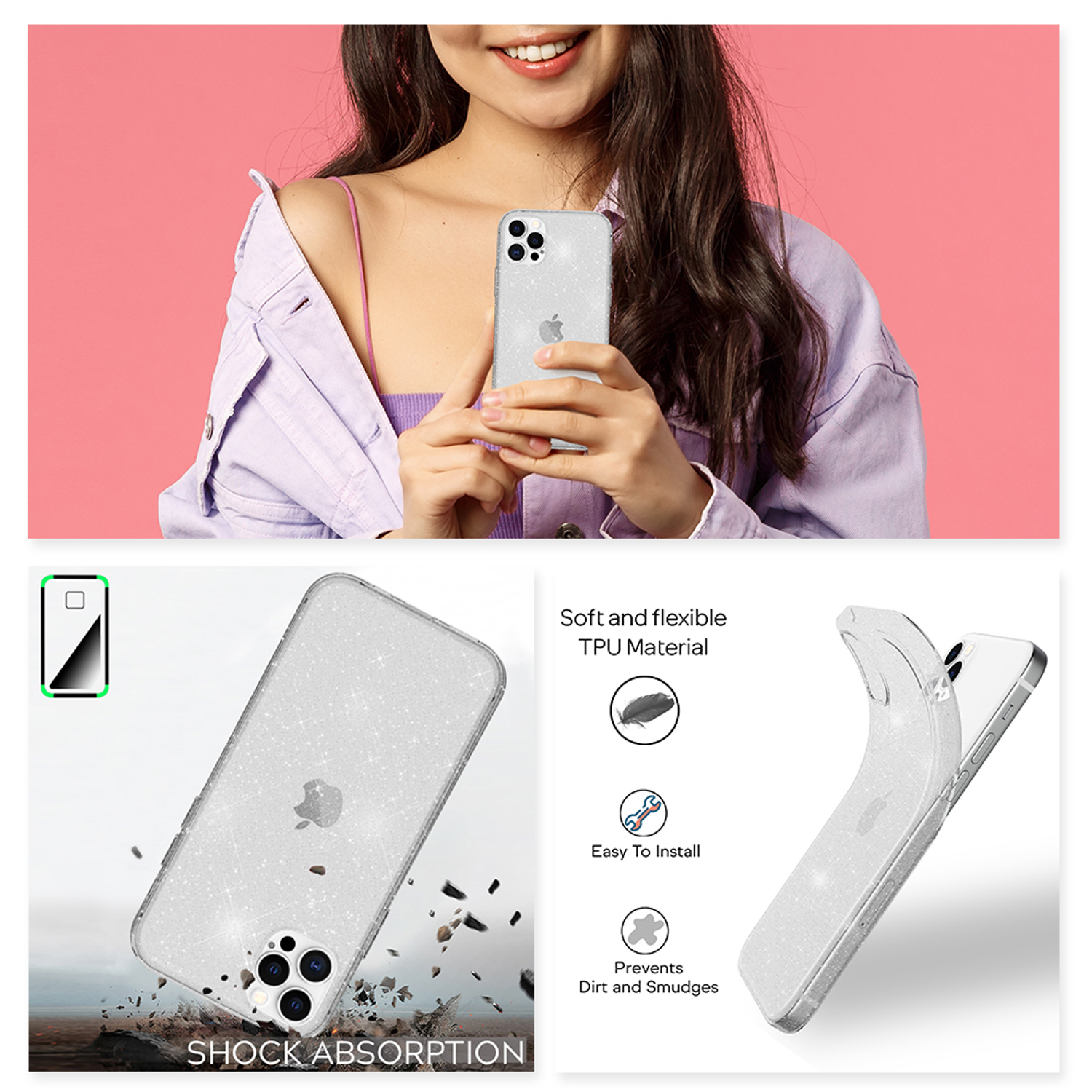 Un teléfono y una funda brillante. Una mujer sostiene el teléfono. Texto: Absorción de impactos.