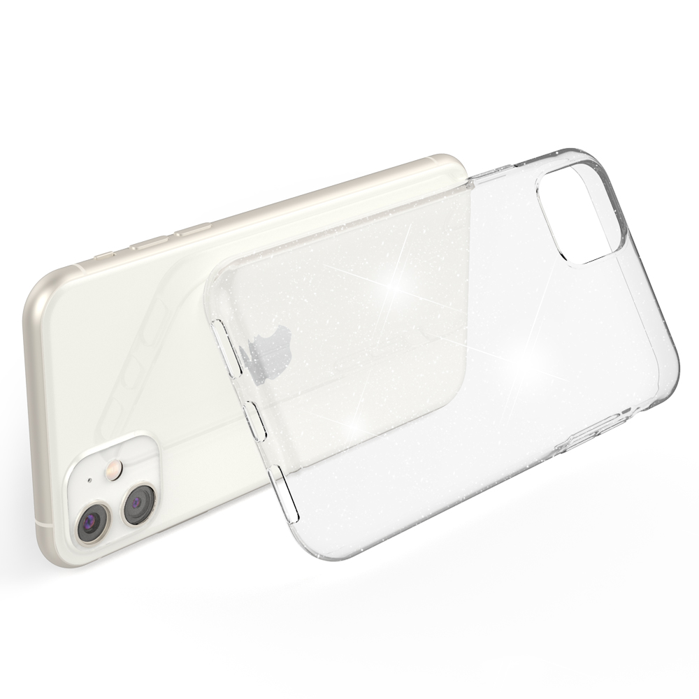 Una funda transparente para teléfono junto a un iPhone blanco. La funda es transparente y tiene brillos.