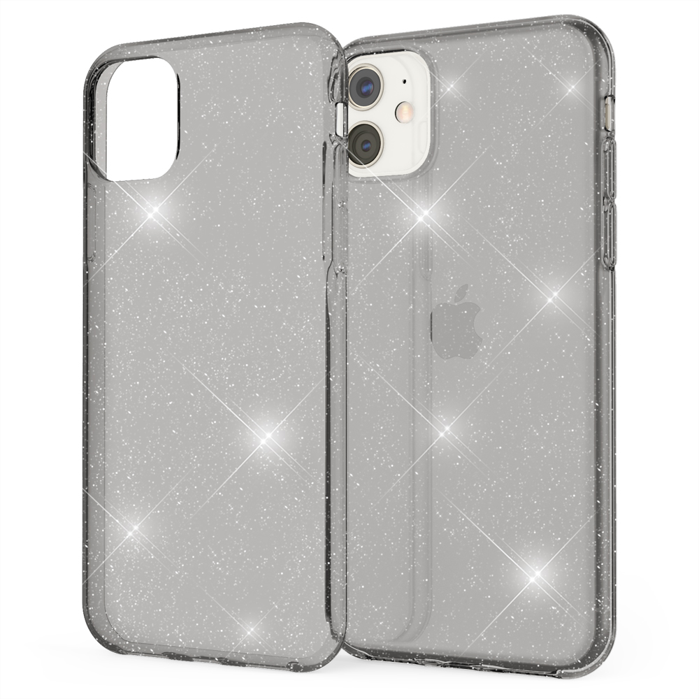 Funda gris con purpurina sobre un iPhone, con fondo blanco.