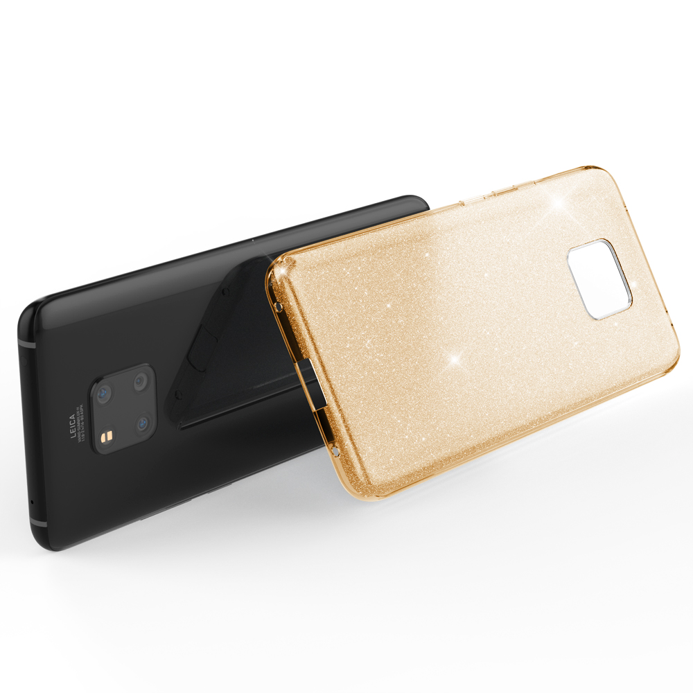 Un téléphone noir avec étui doré à paillettes, légèrement incliné contre l'étui.