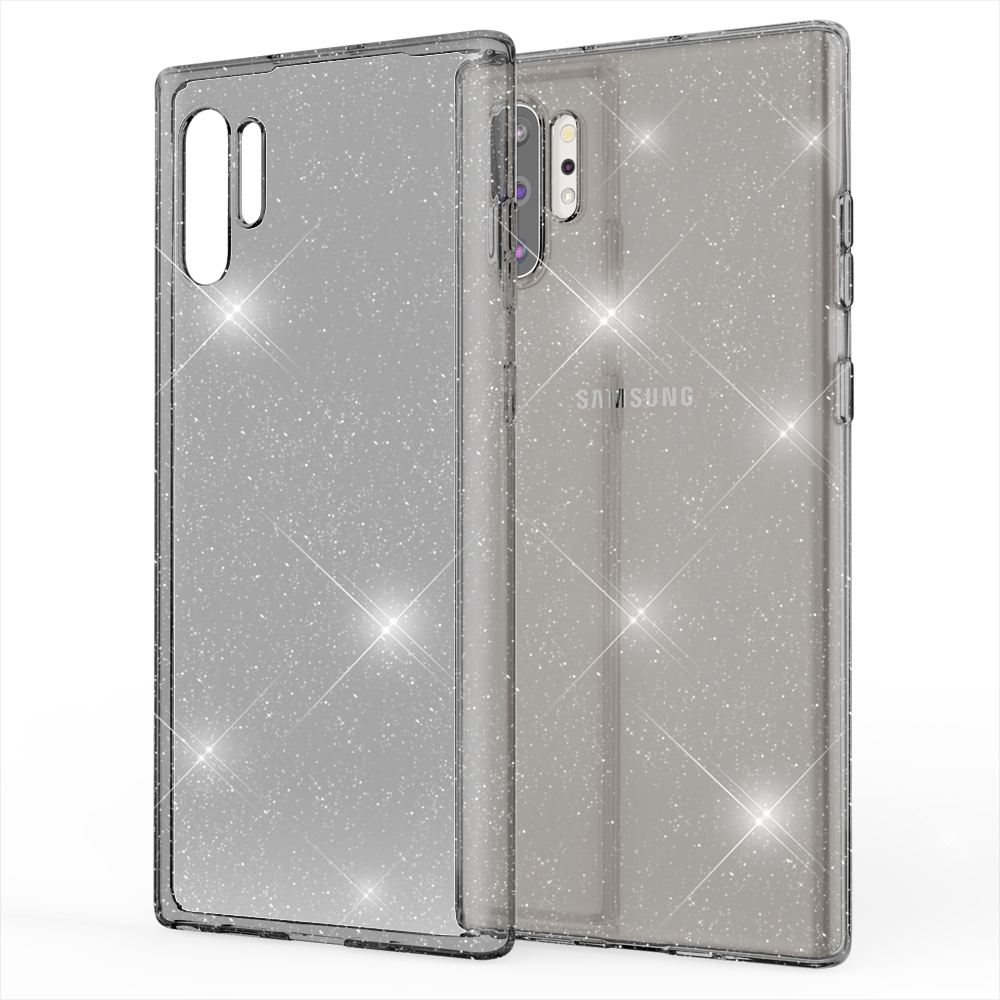 Transparente Handyhülle mit Glitzer. Zwei Hüllen gestapelt, Samsung-Logo sichtbar.