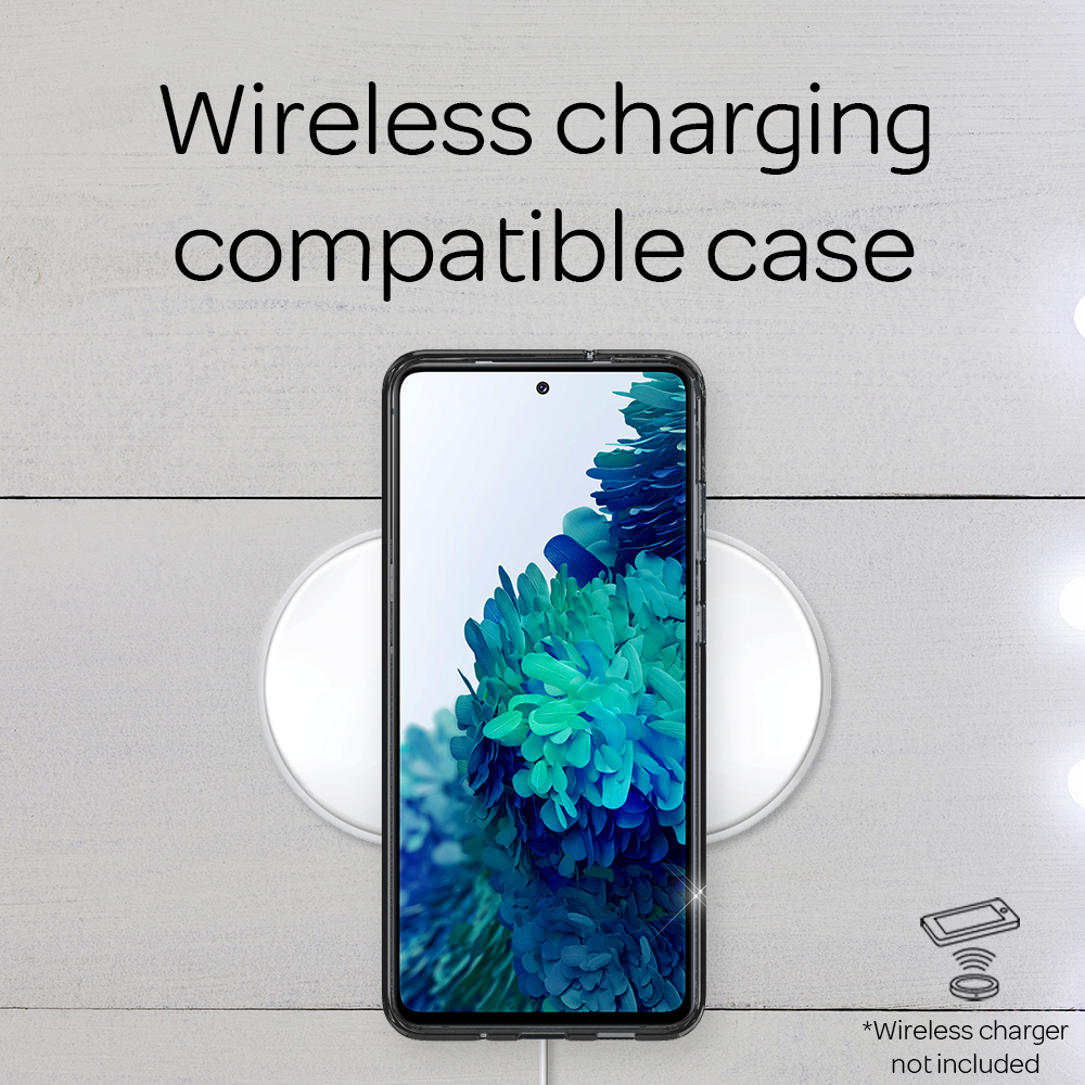 Schwarzes Telefon auf kabellosem Ladegerät. Text: Wireless Charging kompatible Hülle.
