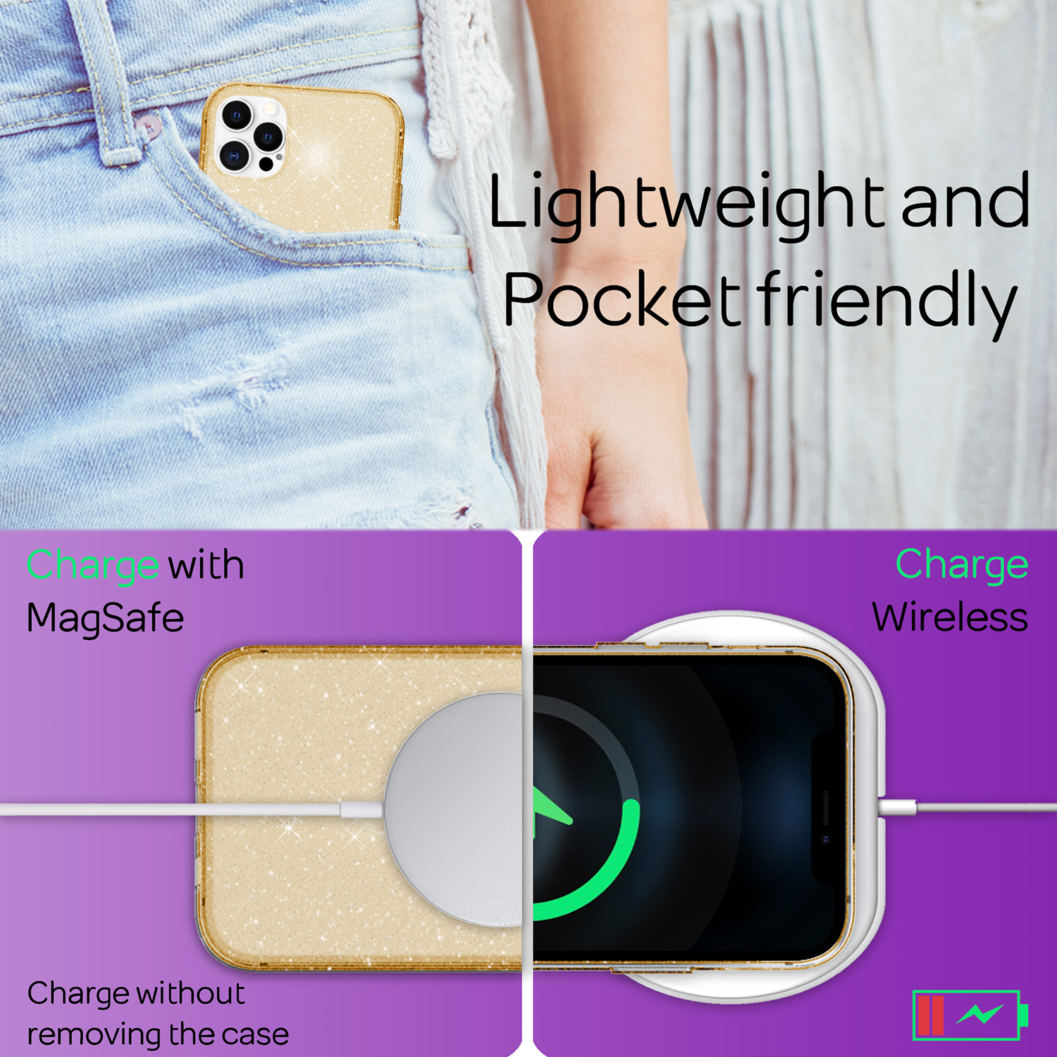 Una funda de teléfono con un teléfono en un bolsillo. Muestra cómo cargar, con o sin quitar la funda.