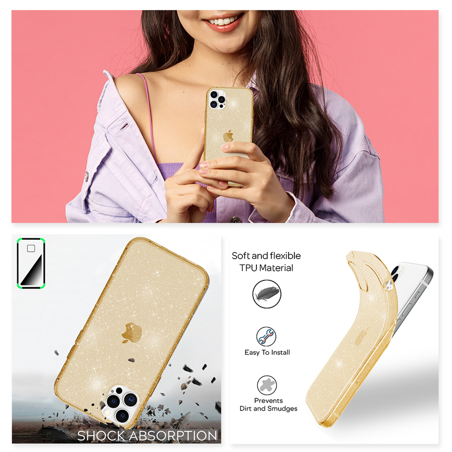 Una mujer sosteniendo una funda brillante para teléfono con un iPhone dentro, más primeros planos y descripciones.