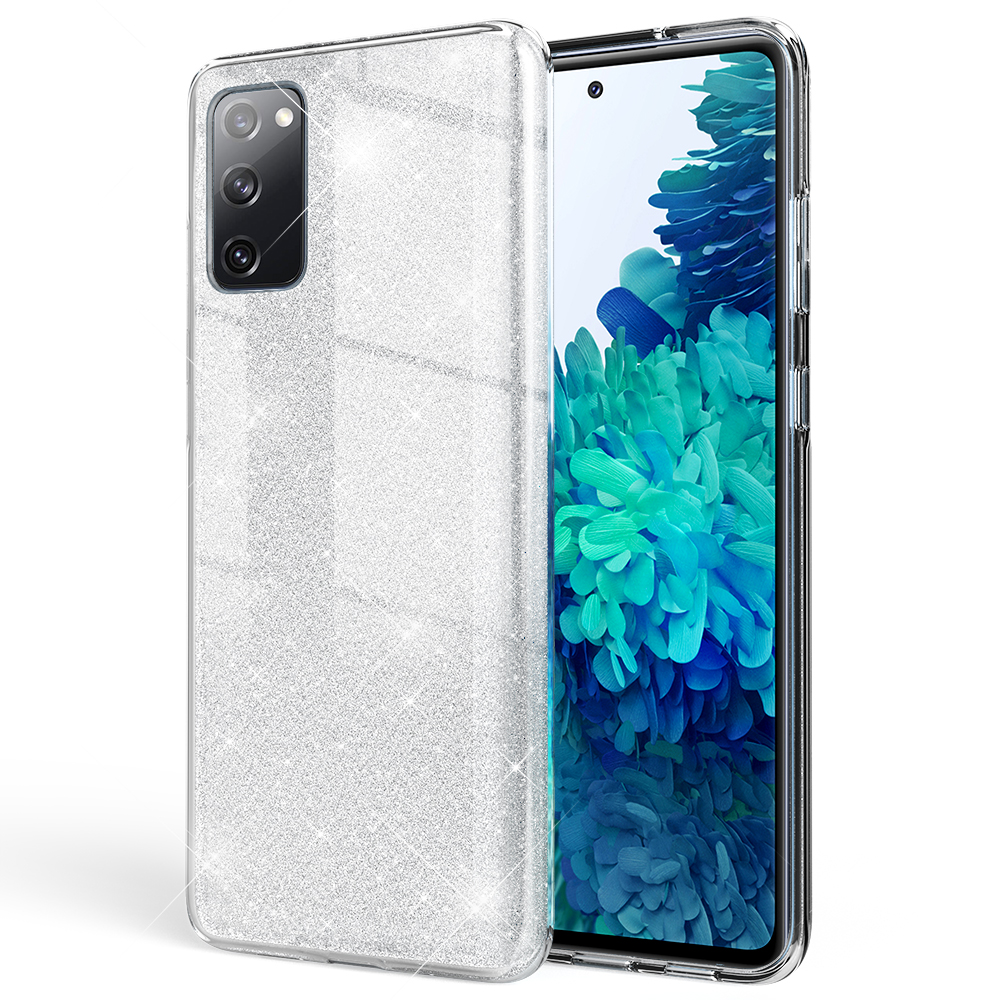Transparente Handyhülle mit glitzernder Rückseite und ein Handy mit blau-weißem Bildschirm.