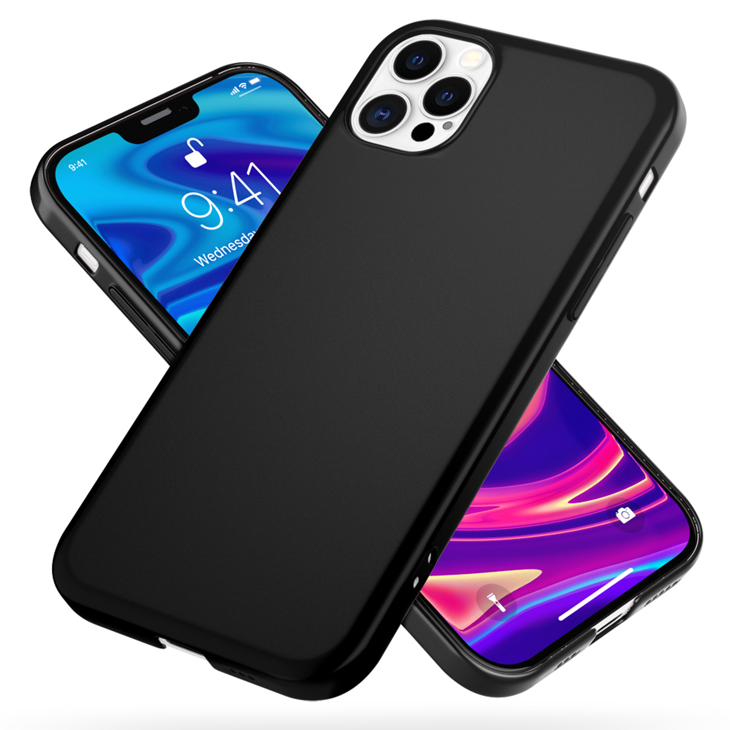 Schwarze Handyhüllen auf iPhones, eines zeigt die Uhrzeit. Schräge Ansicht.