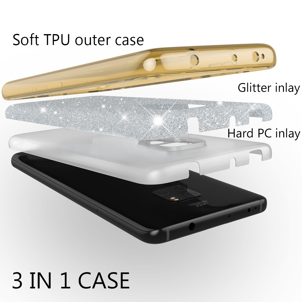 Téléphone avec un étui à incrustation de paillettes. Les couches comprennent un étui extérieur souple, des paillettes et une incrustation en PC dur.