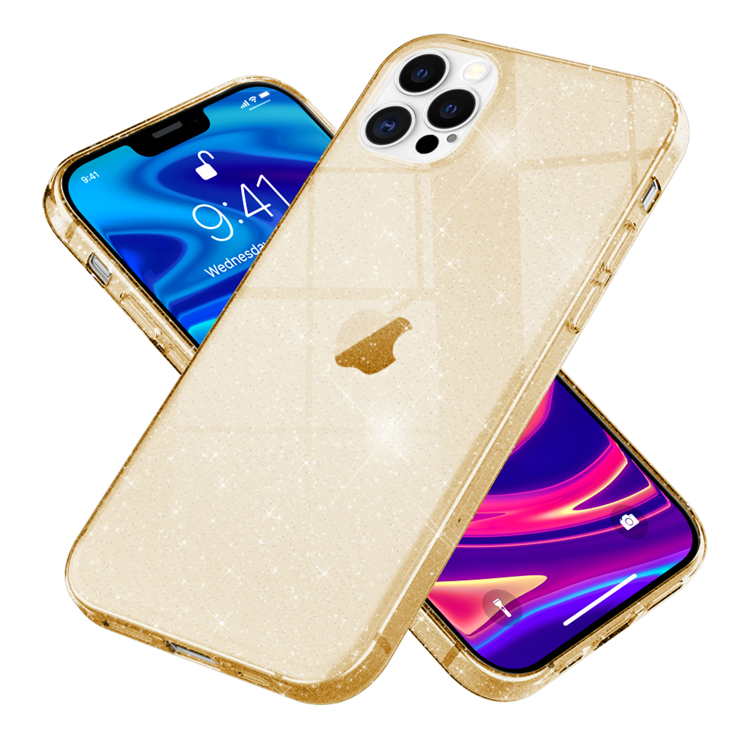 Dos fundas doradas con purpurina. Una abierta, una cubriendo un teléfono con aplicaciones en pantalla.