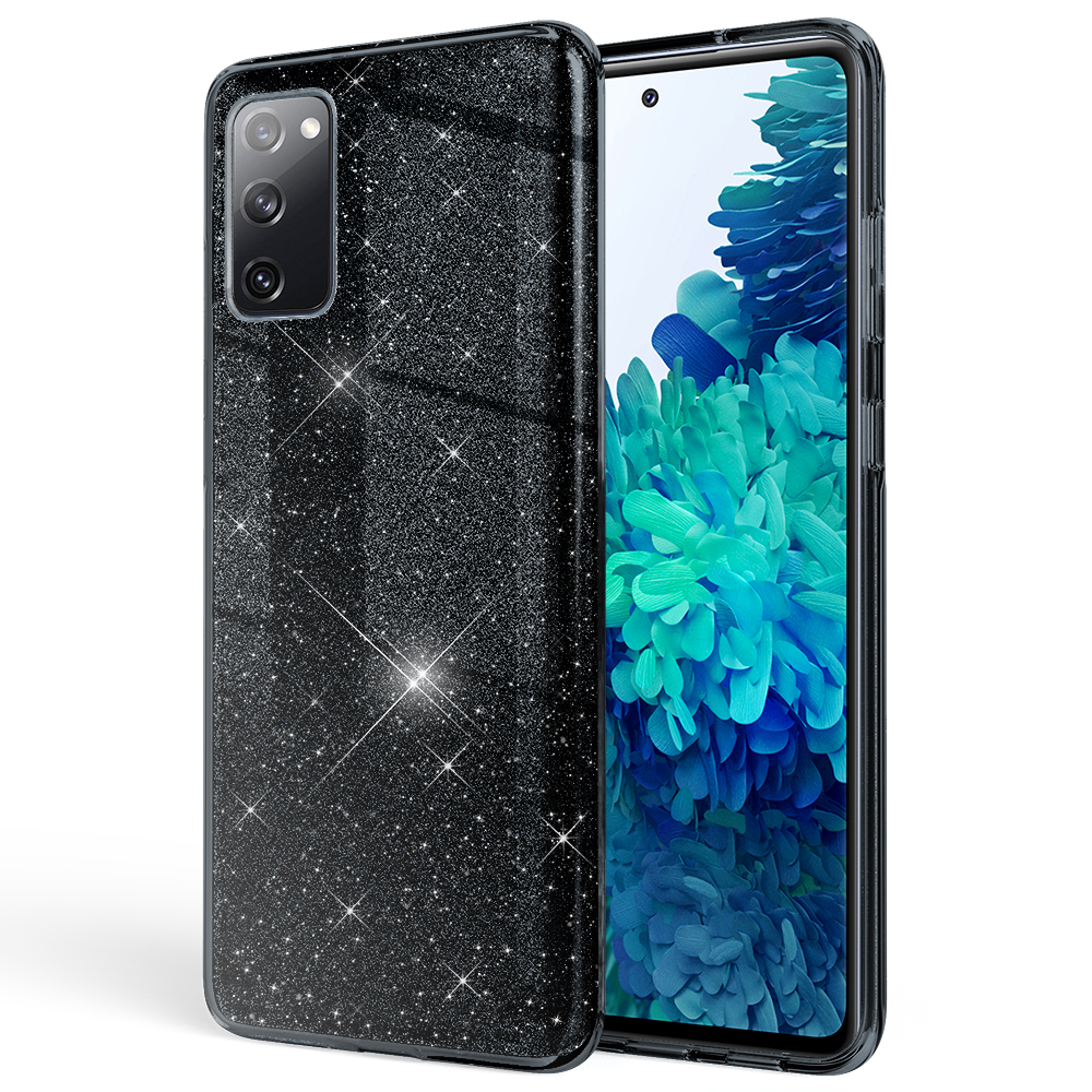Schwarze Handyhülle mit Glitzer, bedeckt ein Telefon mit blauem Bildschirm auf weißem Hintergrund.