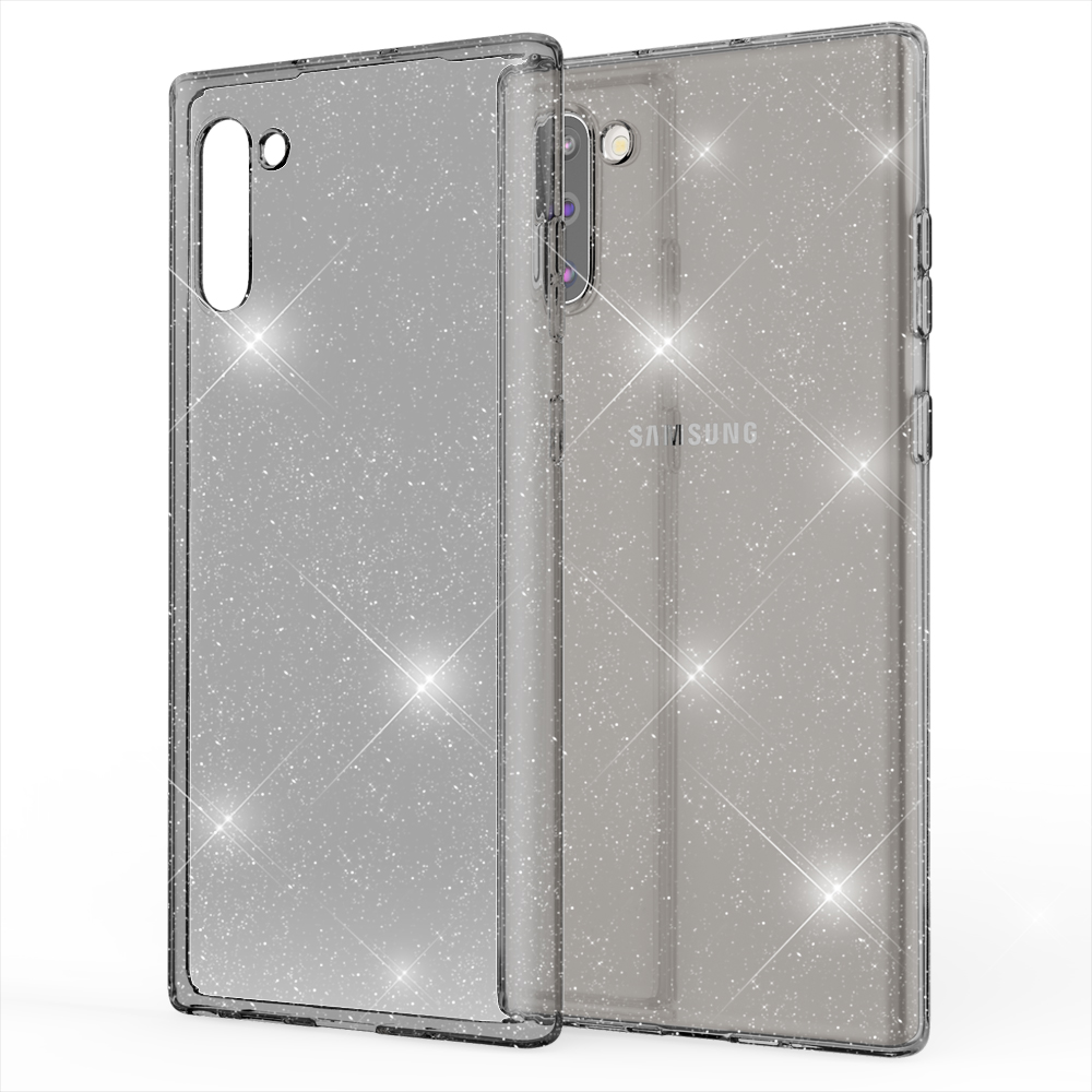 Transparente Handyhülle mit Glitzer. Samsung-Logo auf der Rückseite. Weißer Hintergrund.