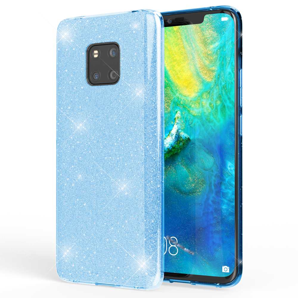 Coque de téléphone bleu clair à paillettes sur fond blanc. Le téléphone a une caméra et un écran bleu.